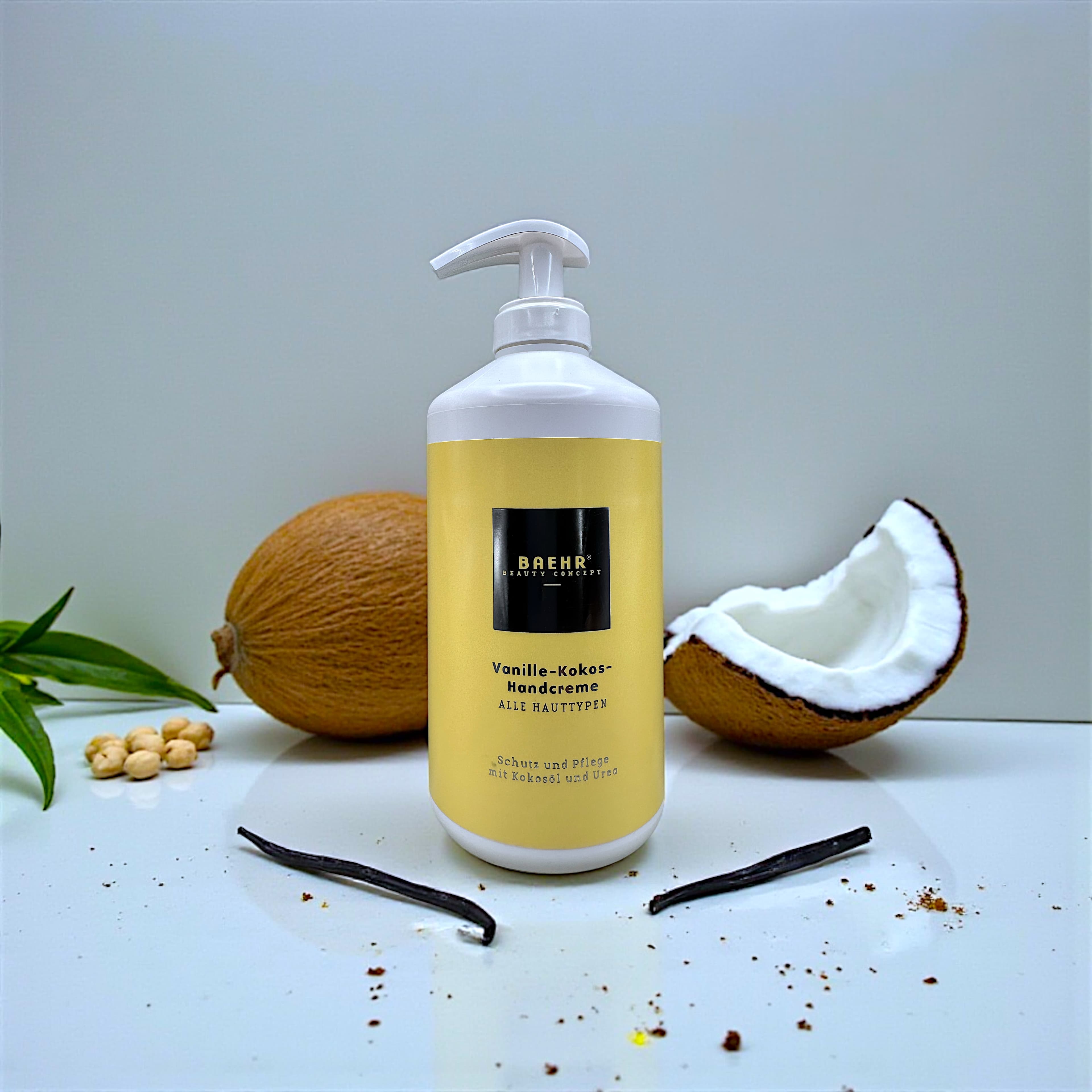 BAEHR Crema mani alla vaniglia e cocco con olio di cocco e urea (VANILLE-KOKOS-HANDCREME), 500 ml