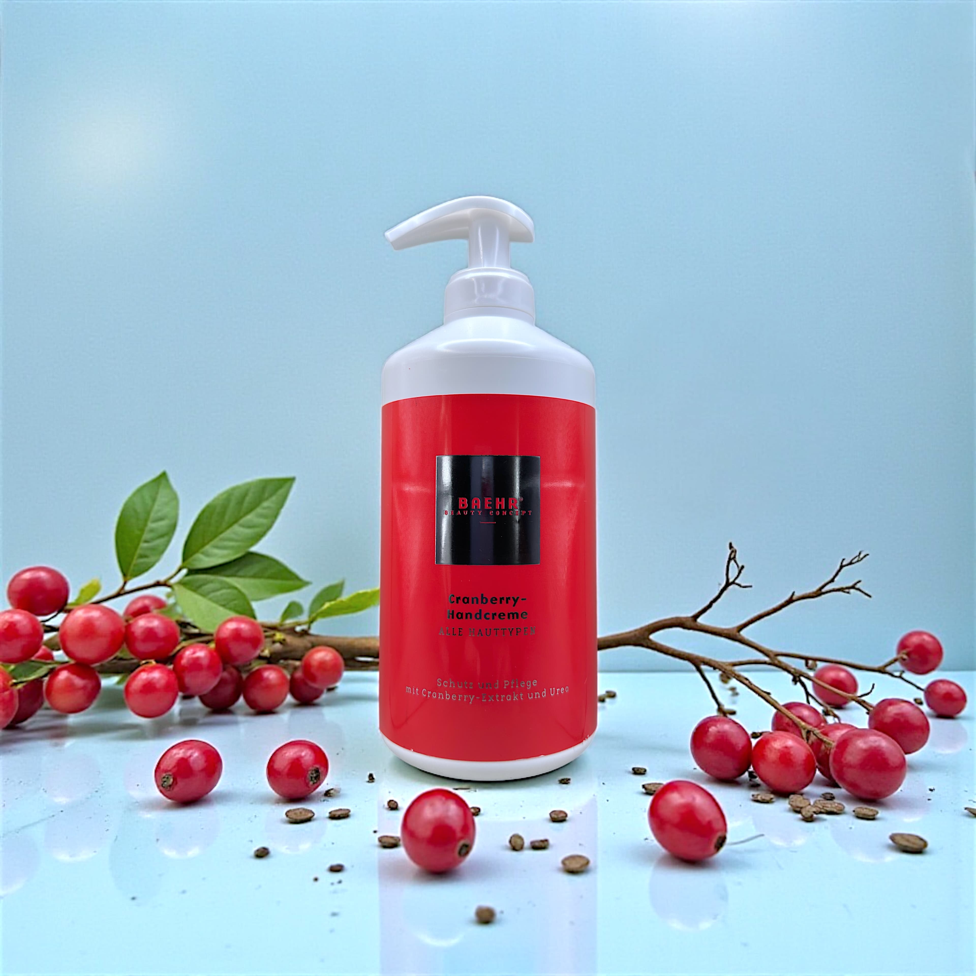 BAEHR Crema mani al mirtillo rosso con estratto di cranberry e urea (CRANBERRY-HANDCREME), 500 ml